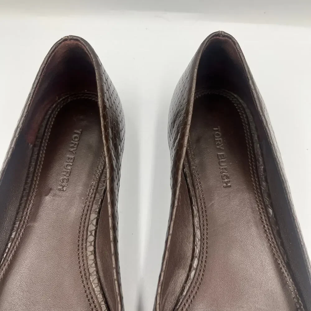 Tory Burch Ballet Flats Shoes Georgia Snakeskin Slip On Chocolate Brown Sz 6.5M